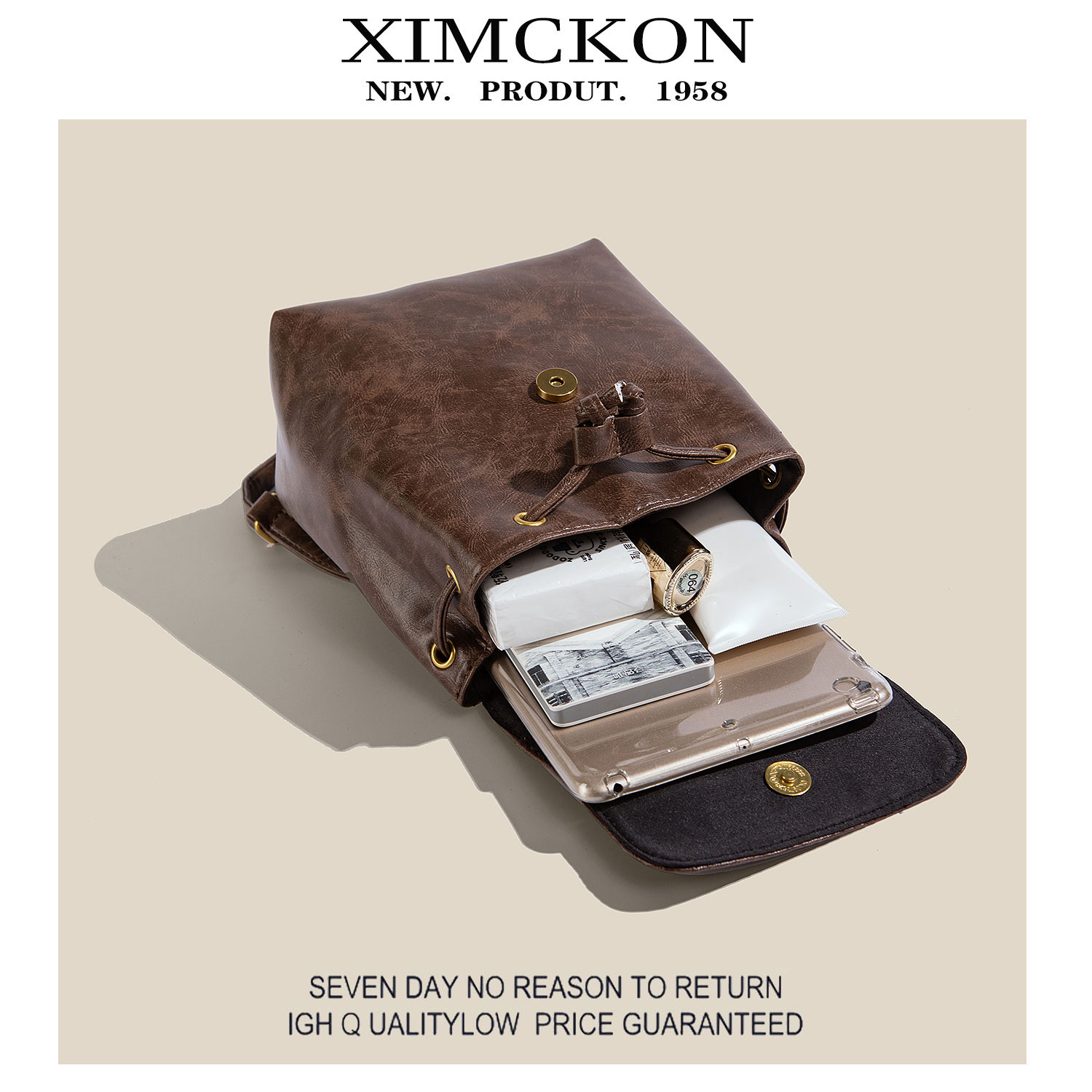 XIMCKON原创小众高级感包包女小巧复古棕色水桶双肩包时尚单肩包 - 图2