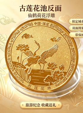 保定古莲花池双面纪念章河北城市文创镀金浮雕纪念币 旅游工艺品