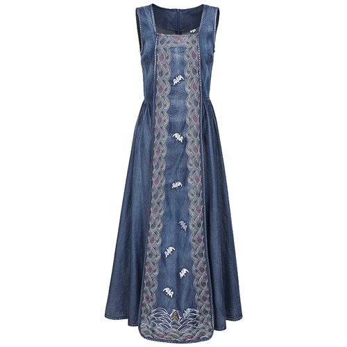 isaly Летний жилет без рукавов, ретро длинная юбка, джинсовое длинное платье, квадратный вырез, по фигуре, с вышивкой