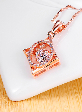 玫瑰金色仿真钻石带证书吊坠项链