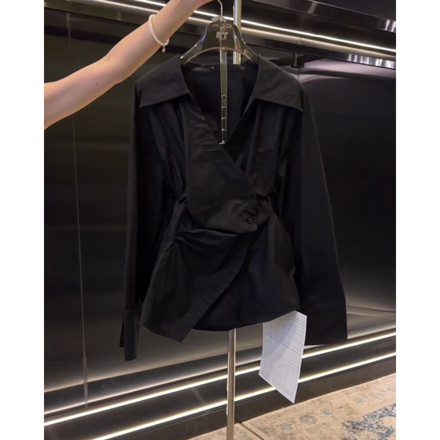 Black irregular waist long sleeve shirt for women