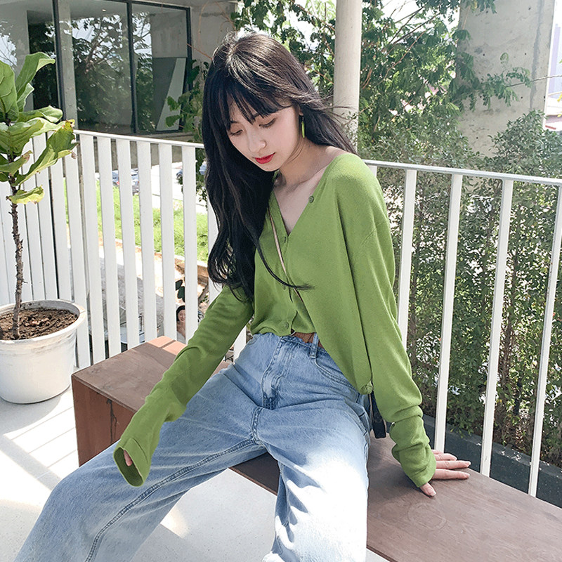 牛油果绿长袖外搭开衫女防晒衫冰丝春秋外套v领短款针织薄款上衣,淘宝优惠券,粉丝福利购,淘宝优惠卷