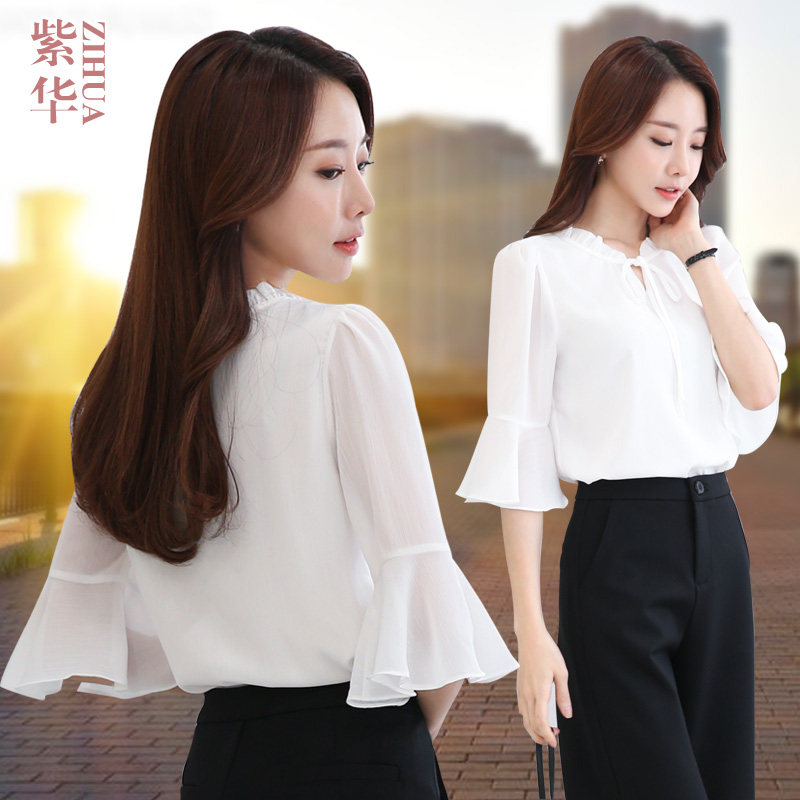 雪纺衫长袖2020年新款夏季洋气衬衫 紫华服饰蕾丝衫/雪纺衫