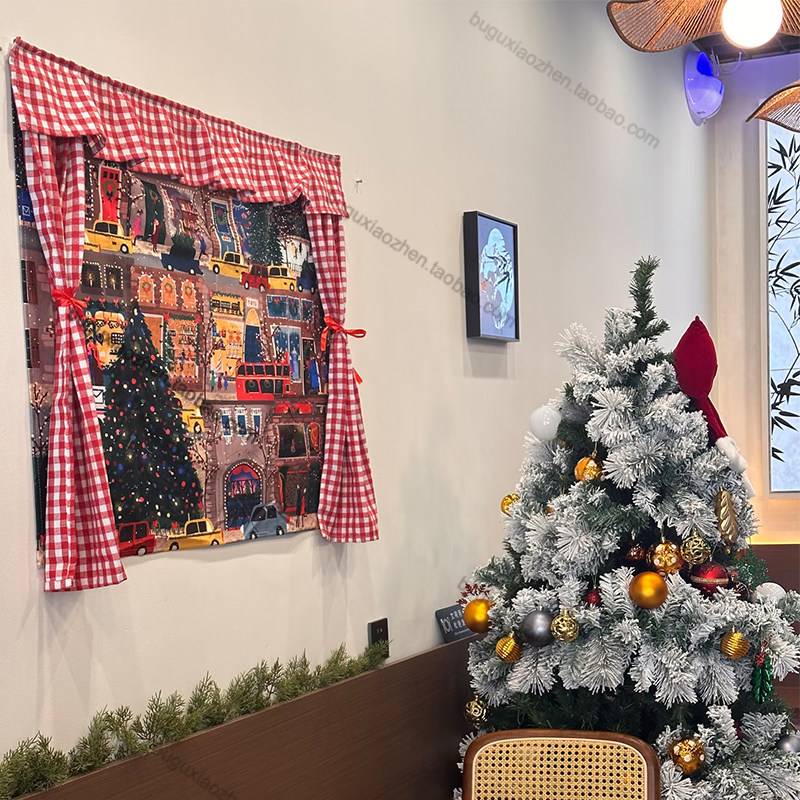 圣诞夜城市风景挂毯壁毯魔术贴窗帘格纹手工装饰布艺画圣诞树壁挂,淘宝优惠券,粉丝福利购,淘宝优惠卷