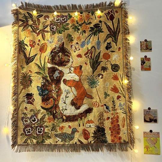 韩系ins治愈高颜值小猫咪挂毯 棉线编织针织装饰艺术挂毯流苏壁毯