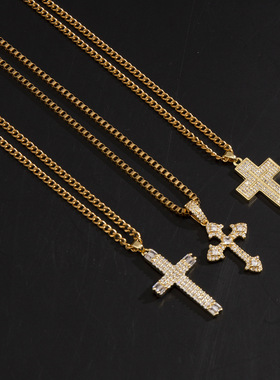 欧美街头铜镶锆十字架项链