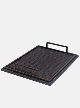 可凡现代简约样板间卧室飘窗台软装摆件组合编制纹皮革托盘装饰品