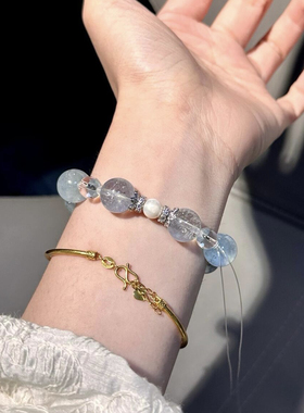 原创设计天然海蓝宝手链白水晶随形藏银配件大颗粒高级转运手串
