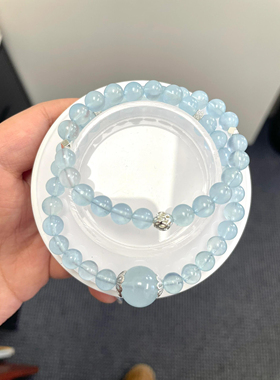 原创天然小高品葡萄石海蓝宝白阿塞手串清冷感纯银手链小众礼物