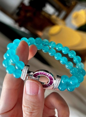 天然莫桑比克冰种天河石圆珠叠戴手链银扣头绿色水晶幸运手串原创