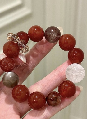 天然新年转运红玛瑙单圈手串搭配水晶超七白幽灵原创手链百搭女款