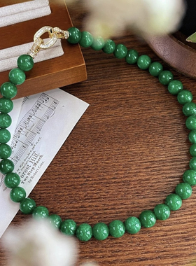 天然翡翠干青圆珠锁骨链阳绿色原创玉项链新中式颈链时尚女款国风