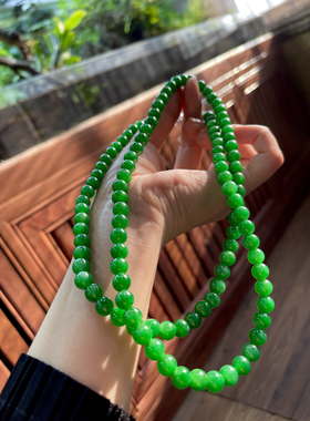 缅甸翡翠圆珠108佛珠手串阳绿色玉项链帝王绿念珠手串毛衣链中式