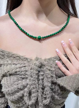 天然翡翠干青小米珠锁骨链新中式国风阳绿色玉项链毛衣链绀青女款