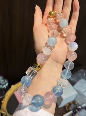 天然海蓝宝水晶多宝大颗粒项链方糖白幽灵粉晶锁骨链百搭时尚女款