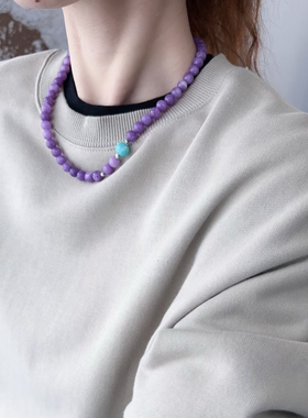 天然紫锂辉圆珠项链搭配老矿天河石女款中式小众锁骨链转运水晶