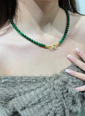 天然翡翠绀青满绿圆珠项链原创款新中式国风锁骨链阳绿色毛衣链女
