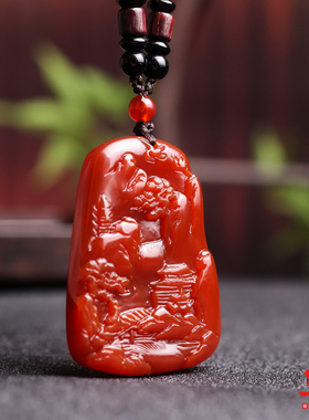 新款红玛瑙玉髓民族风山水项链