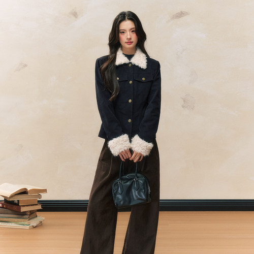 7Shiftin 原创设计秋冬新款修身藏蓝色短款外衣夹棉毛领外套女 - 图1