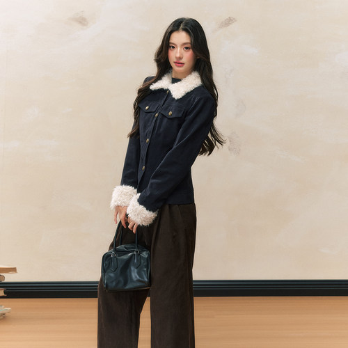 7Shiftin 原创设计秋冬新款修身藏蓝色短款外衣夹棉毛领外套女 - 图0