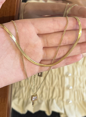 欧美小众设计双层叠戴方形锆石蛇骨项链钛钢电镀不掉色轻奢锁骨