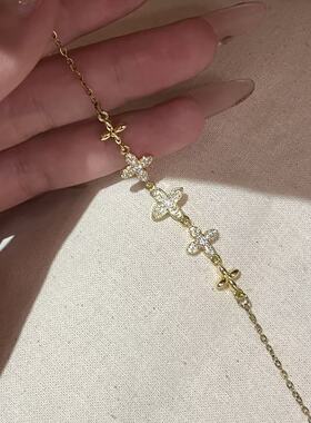 欧美跨境四叶草花朵手链女轻奢小众设计镶锆石百搭精致手饰品