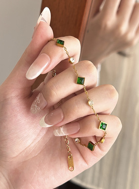 小众设计孔雀绿锆石方块手链轻奢