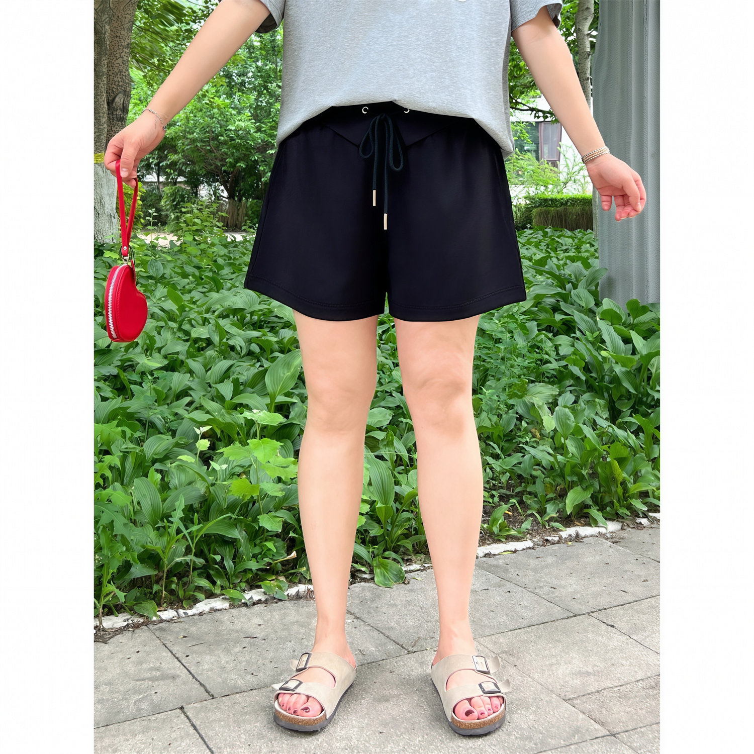 花契大码裤装18269通勤休闲卷边短裤女胖mm高腰宽松显瘦阔腿热裤,淘宝优惠券,粉丝福利购,淘宝优惠卷