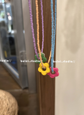 多巴胺女孩可爱亚克力撞色花朵彩色手工串珠儿童项链时尚锁骨链女