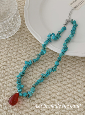 蓝色碎石项链女锁骨链