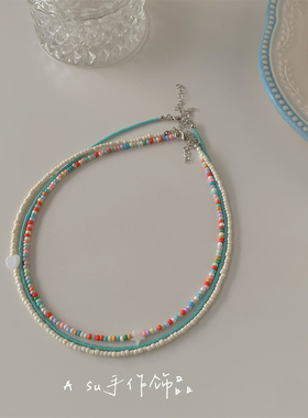 三条装叠戴锁骨链彩色圆珠链