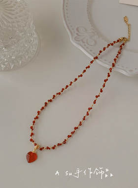 红色爱心吊坠项链女锁骨链