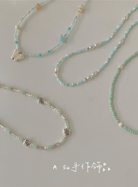 蓝绿色系清新串珠项链圆珠链