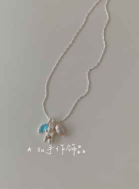 Asu手工自制~薄荷蓝圆珠链项链女