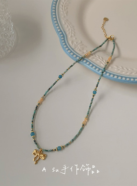 串珠蝴蝶结吊坠项链女