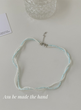 蓝色系米珠项链女锁骨链