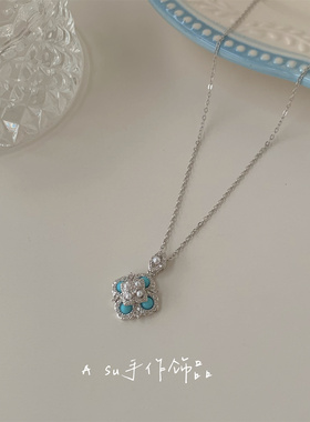 蓝色花朵吊坠项链女锁骨链