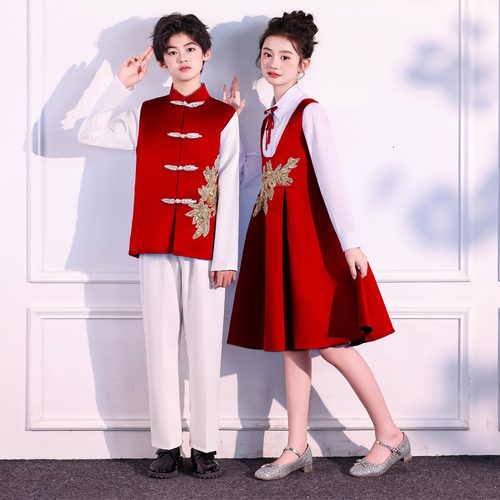 儿童初中小学生男女童合唱中国风红色爱国礼服演讲朗诵比赛演出服 - 图2