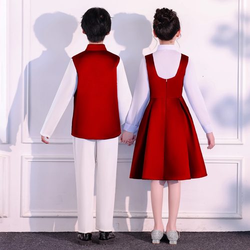 儿童初中小学生男女童合唱中国风红色爱国礼服演讲朗诵比赛演出服 - 图3