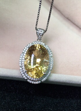 天然黄水晶吊坠s925银镶钻大克拉黄晶项链女款轻奢小众高级感礼物