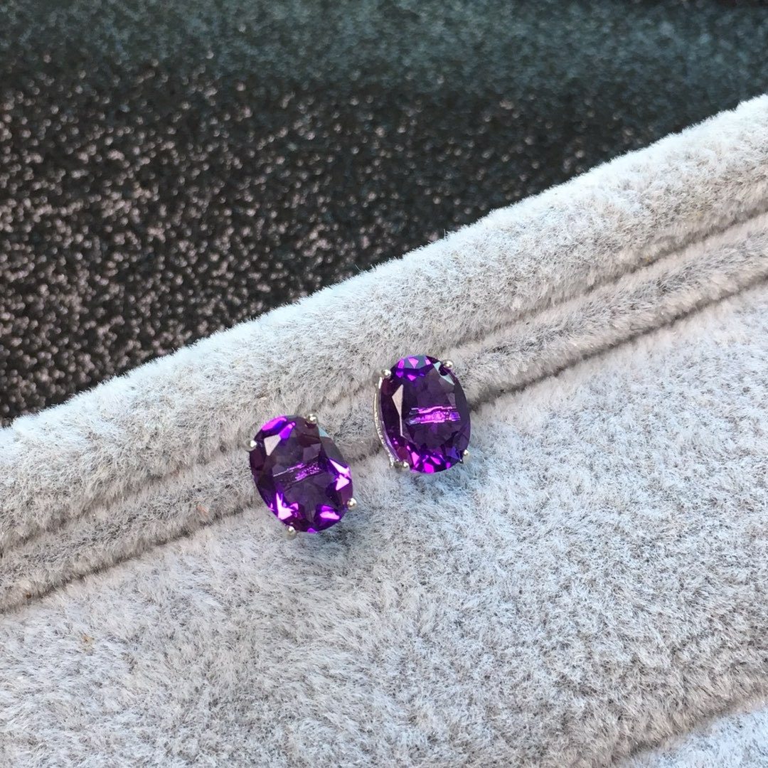 S925银纯银耳钉石榴石紫水晶托帕石彩色宝石耳钉女气质简约耳饰,淘宝优惠券,粉丝福利购,淘宝优惠卷