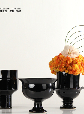 黑色亮光陶瓷花瓶侘寂中古摆件