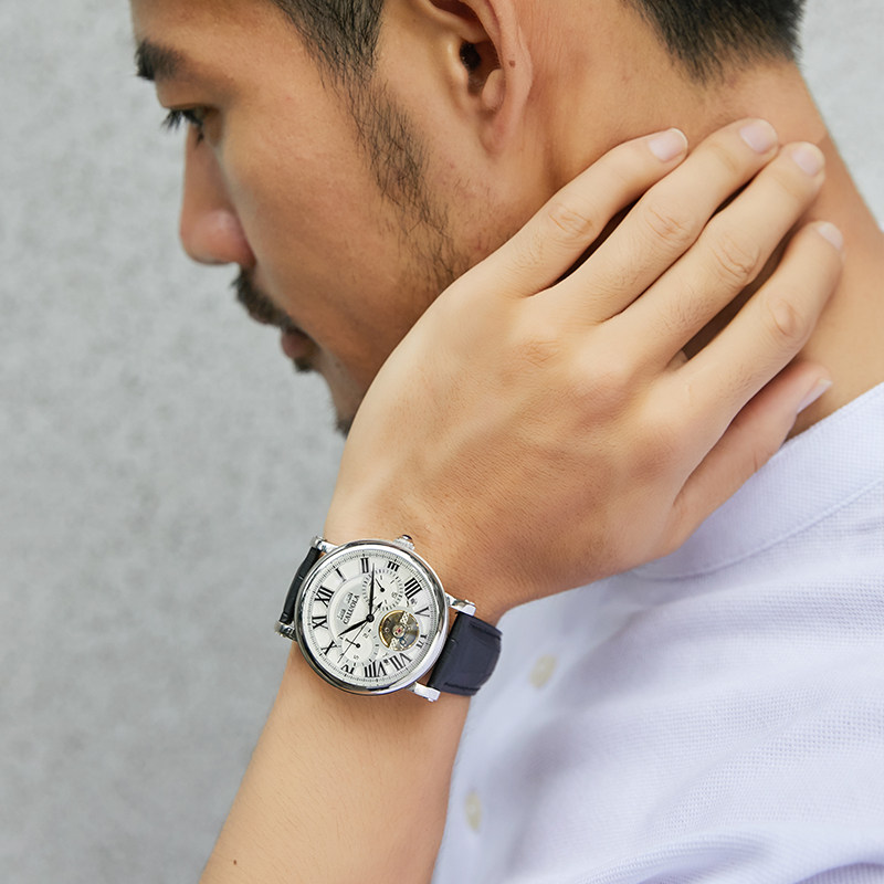 卡罗莱镂空男士飞轮皮带全款机械表 vordo国产腕表