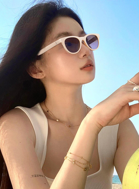 白色框猫眼墨镜女款2025新款圆框渐变色太阳眼镜防紫外线夏日度假