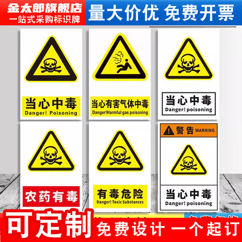 当心中毒安全标识牌农药有毒危险煤气毒气有害气体危险废物化学品车间警示标志提示牌禁止消防指示牌贴纸定制 - 图1
