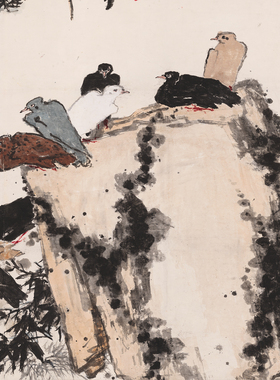 潘天寿松梅群鸽图横幅国画宣纸