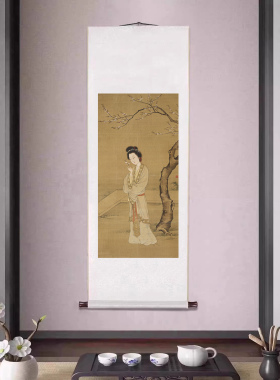 明张纪人面桃花图工笔仕女图卷轴字画客厅装饰画书房茶室复古挂画