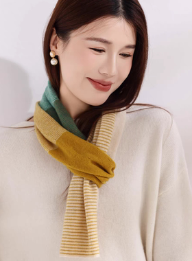 秋冬100%纯山羊绒围巾女条纹针织假高领假领子假衣领毛衣围脖披肩