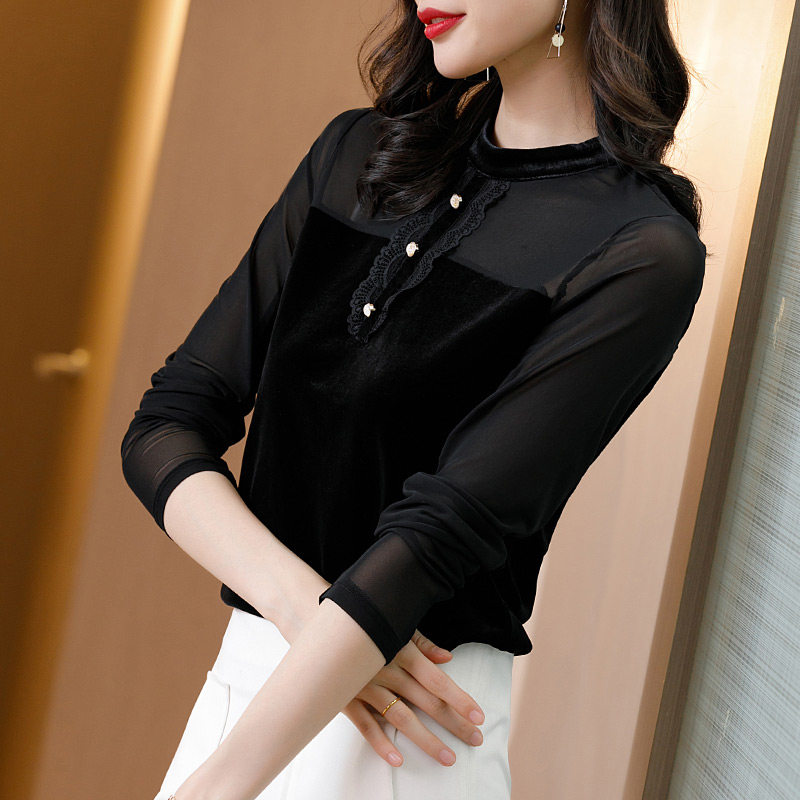 黑色立领网纱薄款丝绒早秋性感内搭 爱衣买衣T恤