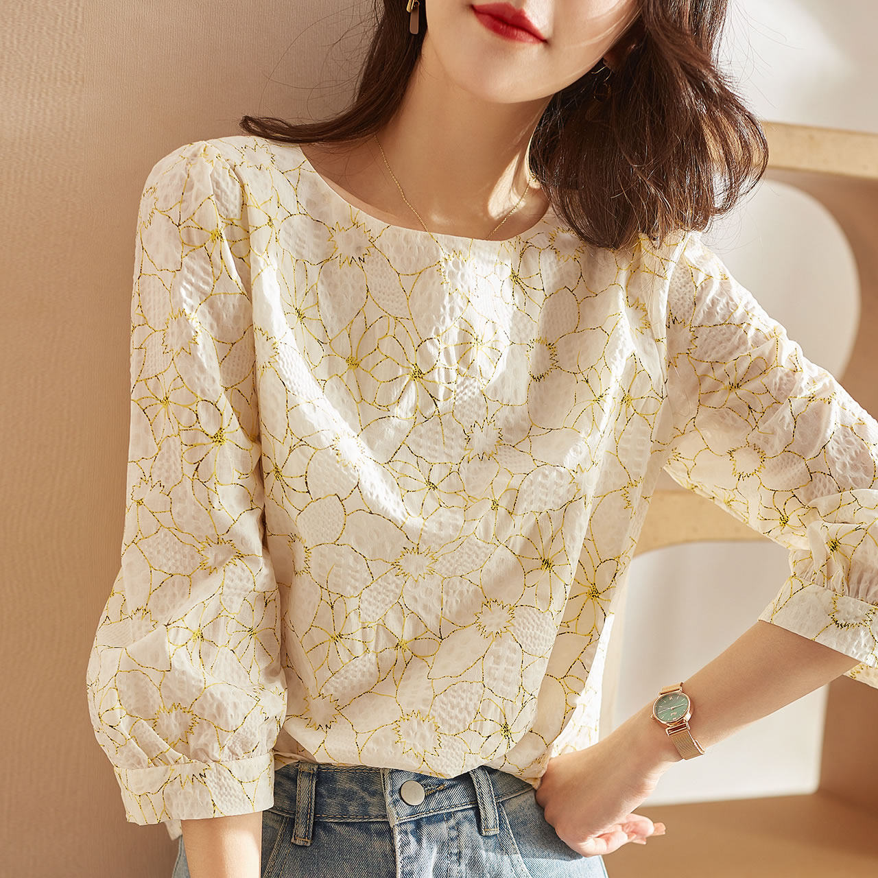 法式早秋印花气质纯棉七分袖雪纺衫 爱衣买衣蕾丝衫/雪纺衫